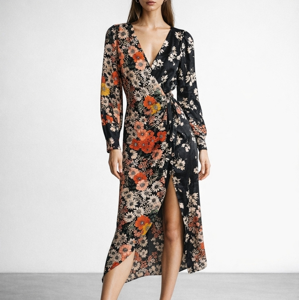 Zara Floral Wrap Dress Size XS Long Sleeve Boho V Neck Midi